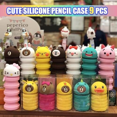 Cute Silicone Pencil Case 9 Pcs Kawaii Cartoon Bear And Rabbit Retractable Pen Holder Childrens Creative Stationery Box