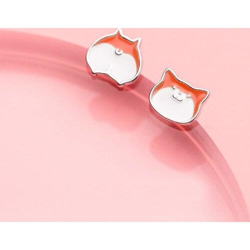 MloveAcc 925 Sterling Silver Cute Cartoon Animal Cat Asymmetry Stud Earrings Contracted Jewelry for Girls Silver Earrings
