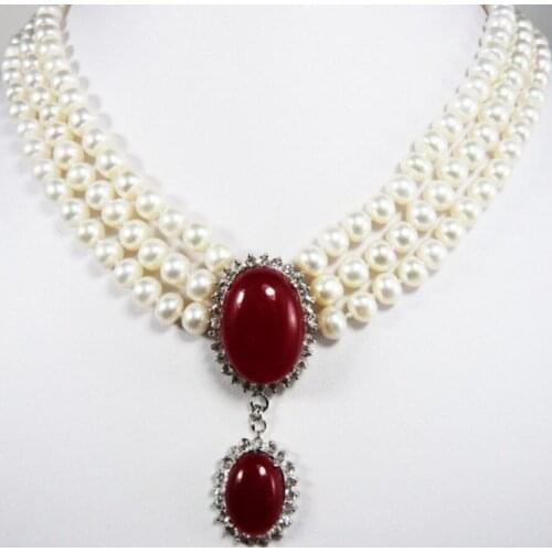 Fashion jewelry Free Shipping gift ! Wholesales -Jewelry Christmas Beautiful 3 rows White pearl & red jades pendant necklace