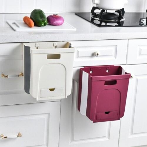Wall Mounted Foldable Trash Can Kitchen Cabinet Door Recycling Hanging Garbage Bin Plastic Home Bedroom Cleaning Accessories