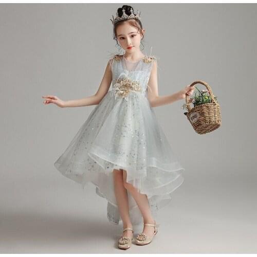 Flower Girl Dresses Crystal Appliques Beading O-Neck Luxury Princess Knee-Length Tulle Embroidery Sequined Kids Party Gown H306