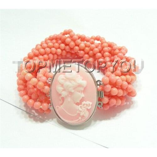 Stunning 10strands round pink coral necklace Cameo clasp E805^^@^NEW style Fine jewe Noble Natural FREE SHIPPING