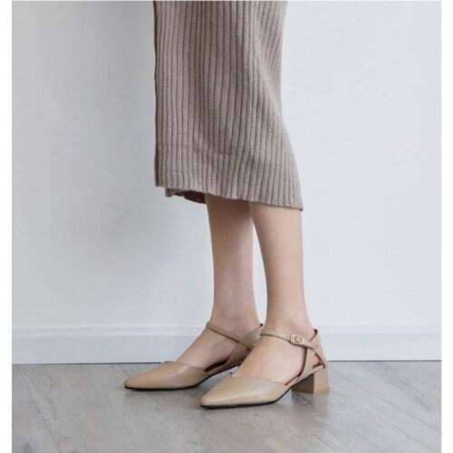 Baotou sandals female 2019 summer new word buckle leather shallow mouth with wild pointed thick back with empty womens shoes