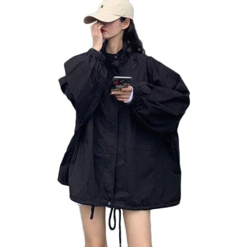 Black Womens Casual Trench Coats 2021 New Spring Harajuku Tooling Coat Female Students Korean Loose Long Jacket Outwear Lining