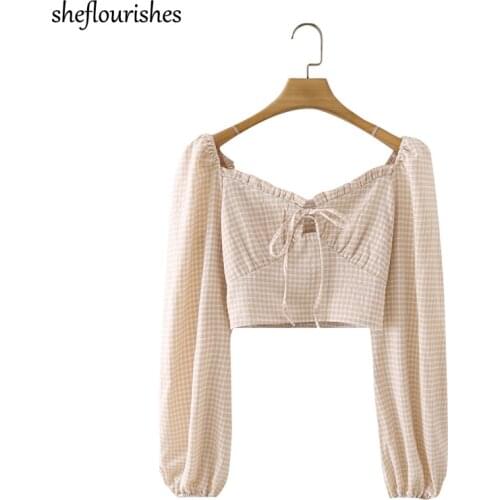 Summer shirt women lantern long sleeve blouse vintage plaid cropped shirt slim square neck top korean lace up blouses 2021