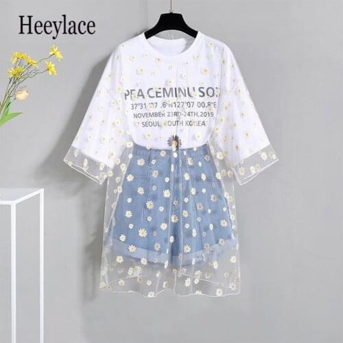 2021 Summer shorts sets for Women daisy embroidery Mesh Patchwork Long T-shirt + Denim Shorts 2 Piece sets Plus size sweet suits