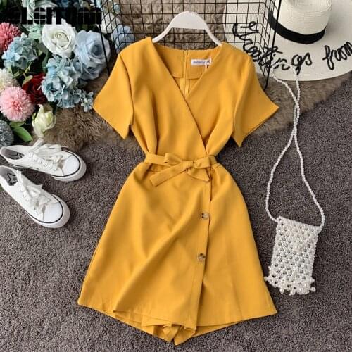 Women Summer Playsuits 2020 New Holiday Beach V-Neck Short Sleeve Jumpsuit Slim Botton Sashes Wide Leg Pants Skirt Femme