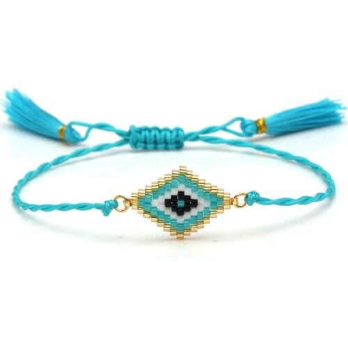 MIYUKI Glass Seed Beads Blue Evil Eye Cotton Tassels Handmade Bracelet Women Men 2019 New Fashion Slide Knot Adjustable Jewelry