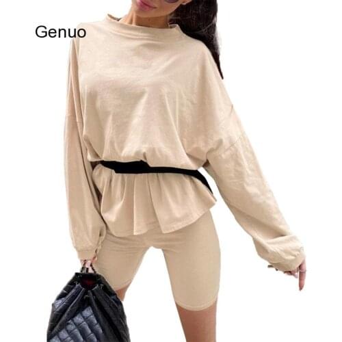 Ladies INS Style Solid Color Long Sleeve T-shirt + Sports Shorts With Belt Three-piece-suit Women Bicycle Shorts Outfit 2020 New