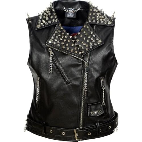 2021 New Punk Black PU Rivet Graffiti Crop Waistcoat Women Sleeveless Summer Vest Fashion Faux Leather Chains Club Party Outwear