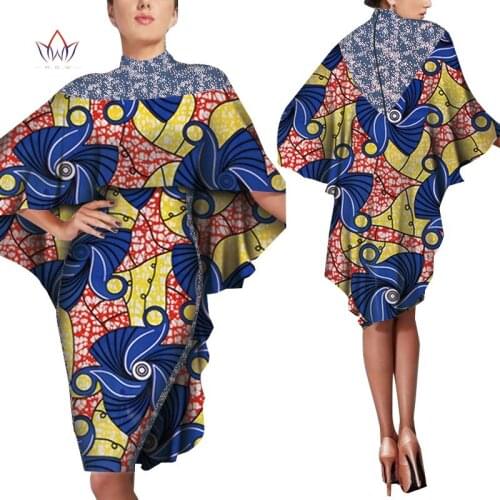 Bazin Riche African Stand Neck Bat Dresses for Women Dashiki Print Knee Length Dresses Vestidos African Women Clothing WY5947