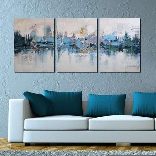 Abstract Oil Painting Hand Painted Blue Villages 3 Piece Wall Art on Canvas for Home Living Room Wall Decoration