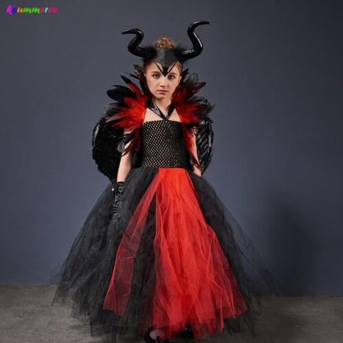 Glistening Maiden Vampire Witch Costume Girls Vampiress Halloween Fancy Gown Tutu Dress with Feather Shawl Evil Queen Clothing