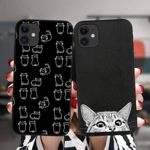 Black Phone Case For iPhone 12 11 Pro XS Max 6 6S 8 7 Plus X XR 5 5S SE 2020 12Mini Cute Space Happy Cats Soft Silicone Cover