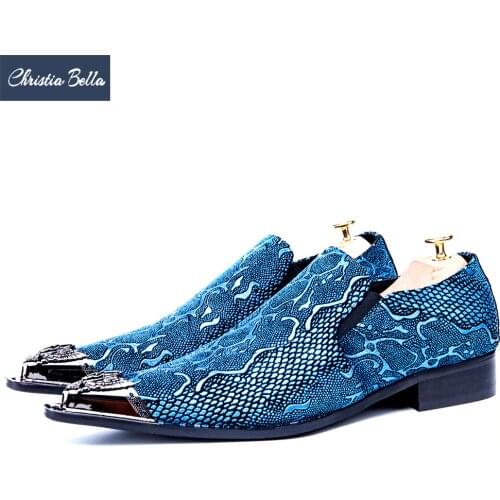 Christia Bella Brand Italian Snake Pattern Wedding Men Dress Shoes Blue Genuine Leather Business Men Formal Shoes Plus Size