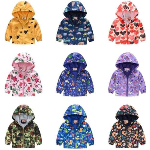 Kids Girls Boys Autumn Coat Cartoon Animals Print Dinosaur Windproof & Waterproof Hooded Tops