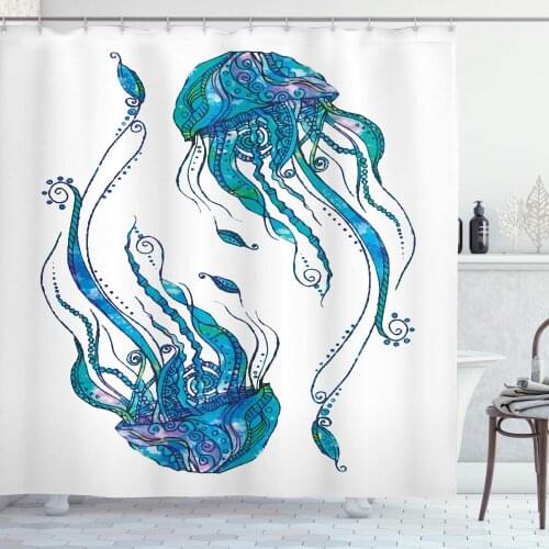 Jellyfish Shower Curtain Jellyfish Shaped with Ornamental Patterns Bohemian Style Beach Themed Aqua Art Bathroom Decor Set with