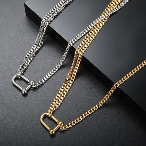 ZMFashion Pendant U-Shaped Double-Layer Chain Necklace Golden Steel Color Gold-Plated Titanium Steel Jewelry Gift Kpop Choker