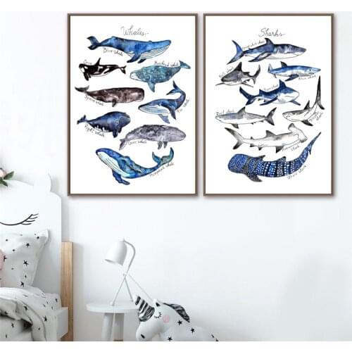 Watercolor Whale Print Nursery Wall Art Canvas Painting Shark Poster Beach Nautical Wall Picture Decor Kids Room Wall Decoration