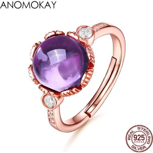 Anomokay Luxury Big Purple Crystal Rose Gold Lover Mom Women Ring Japan Korea Trendy 925 Sterling Silver Resizable Rings Gift
