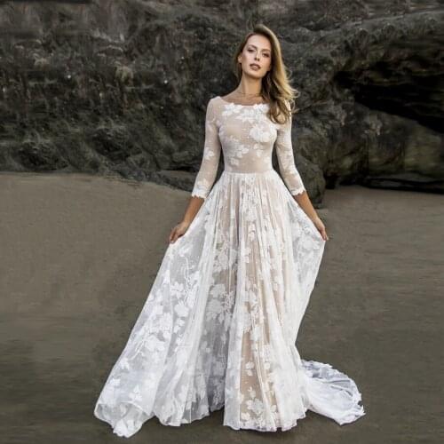 Illusion Scoop Neck Tulle With Applique Lace Wedding Dresses 3/4 Sleeve Backless Sweep Train Tulle Wedding Gowns For Bride