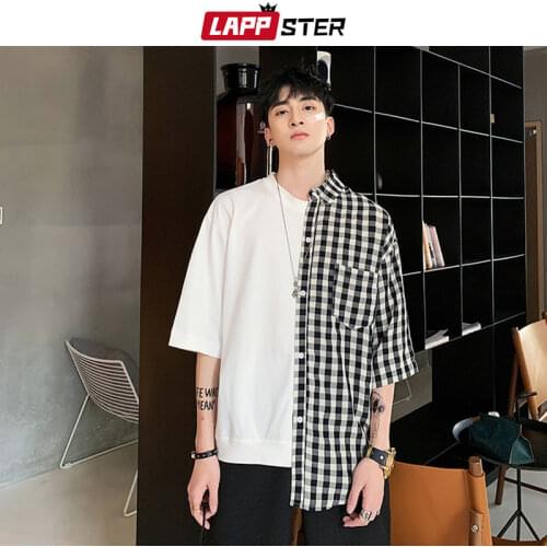 LAPPSTER Men Patchwork Designer Tshirts Summer 2021 Plaid Shirts Ins Vintage Hip Hop Tees Mens Women Cotton Streetwear T Shirt