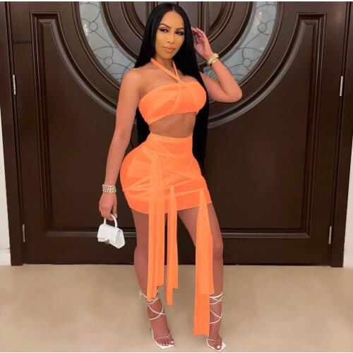 Summer Sexy Women Bandage Mesh Two Piece Set Halter Crop Top And Mini Skirt Set Elegant Female Tracksuit Outfits Matching Sets