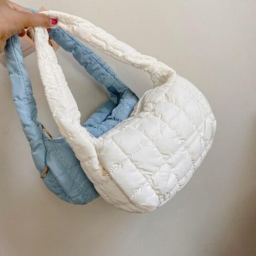 Small Down Fabric Baguette Bag for Women 2021 Lattice Designer Luxury Fashion Armpit Shoulder Purses and Handbags