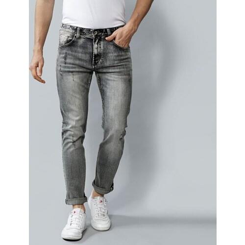 Newly Fashion Vintage Men Jeans High Quality Retro Gray Distressed Ripped Jeans Men Straight Slim Selvedge Redline Denim Pants