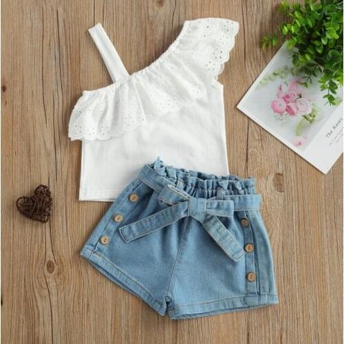 Toddler Girls Kids Summer Outfits Strap One Shoulder Ruffle White Shirt Tops Belted Denim Shorts Set Childrens Sets