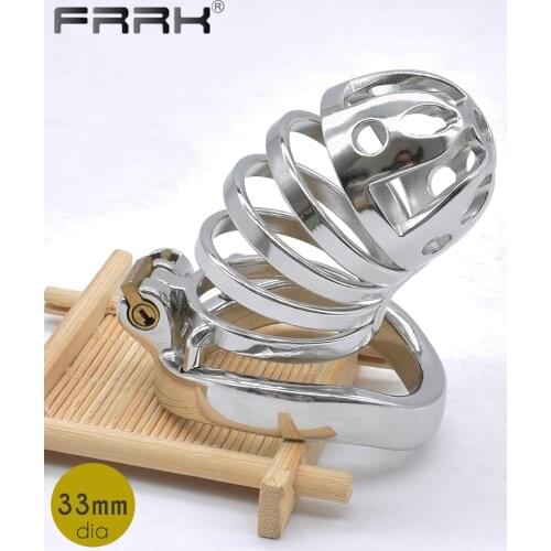 FRRK Metal Mens Chastity Belt Male Bondage Device Stainless Steel Big Cock Cage Long BDSM Sex Toys for Adults 18 Penis Rings