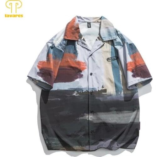 TAVARES Casual Shirts Summer Men Short Sleeve Fashion Shirt Stitching Gradient Cuban Style Loose Lapel Coat