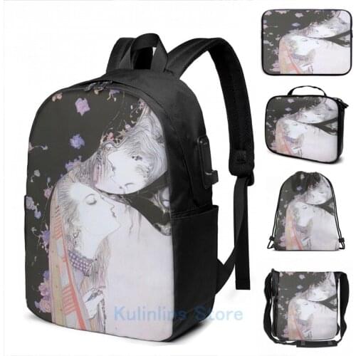 Graphic print yoshitaka amano vampire hunter D vampires kiss USB Charge Backpack men School bags Women bag Travel laptop bag