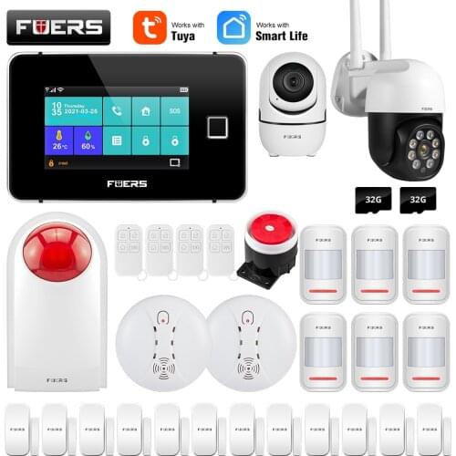 FUERS Security Alarm System Tuya WiFi GSM Smart Home Touch screen Temperature Humidity Display Fingerprint 433MHz Control Siren