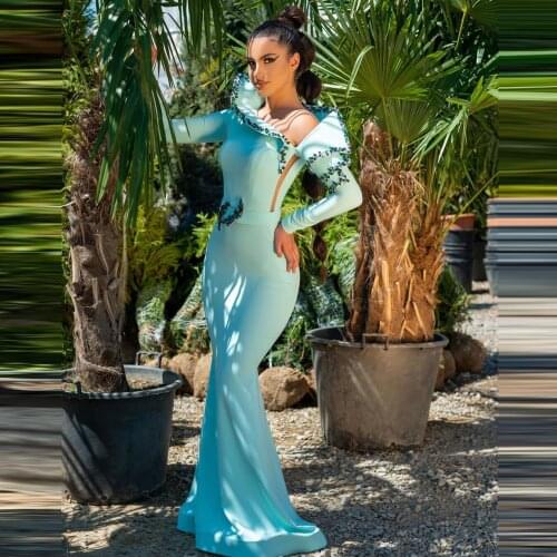 Modest Long Evening Dresses Long Sleeves Crystals Beaded Mermaid Women Prom Dressing Gowns For Formal Event