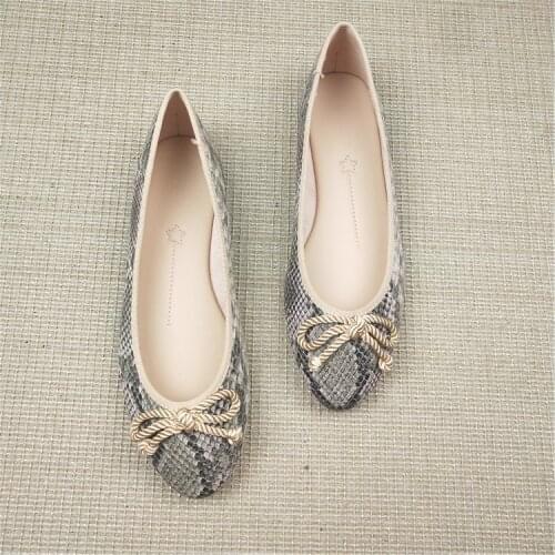 New snake pattern round head bow flat shoes shallow mouth comfortable work casual womens shoes