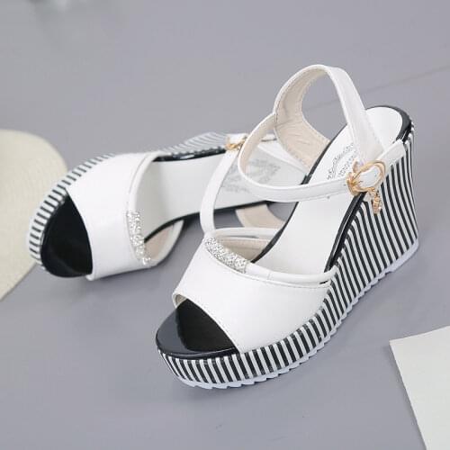 2021 Summer Womens Sandals Platform Wedges Rhinestone Waterproof Sandals Super High Heel Black Stripe Fashion Beach Shoes35-40