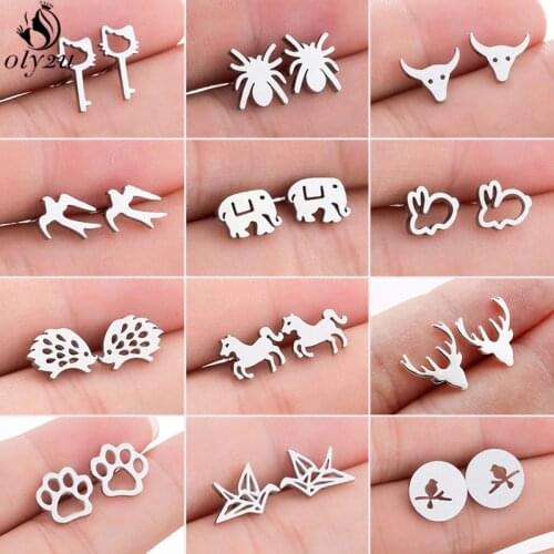 Cartoon Animal Stainless Stee Earrings Women Multiple Style Small Bird Cat Paw Deer Spider Ear Studs Wholesale Jewelry oorbellen