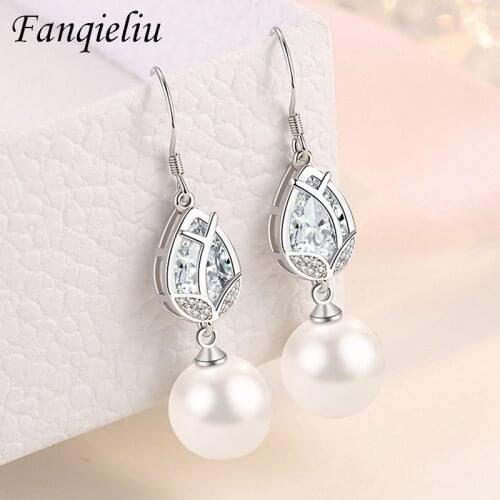 Fanqieliu Vintage Style 925 Sterling Silver Pearl Crystal Flower Drop Earrings For Women FQL21271