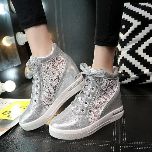 Women White Shoes Breathable Mesh Chunky Platform Sneakers Summer Ladies Lace Floral Hollow Out Wedge Heels Casual Footwear