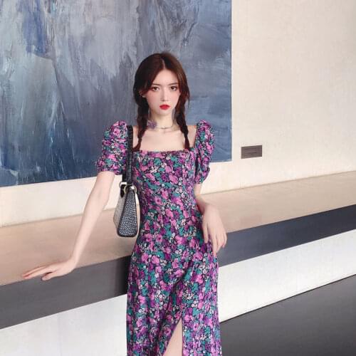 Purple Dress Female Summer Bubble Sleeve Square Collar Floral Chiffon Dress Womens Retro French Split Long Large Size Dress