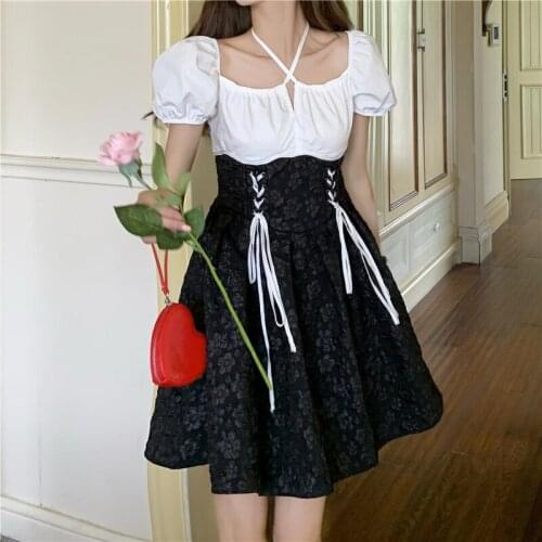 2021 Summer Vintage Mini Dresses Women Casual Short Sleeve Floral One Piece Dress Korean Bandage Design Black Y2k Dress Females