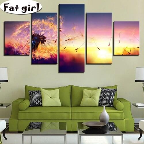 5 Panel 5D Diamond Painting Square Round Drill Flying Dandelion In The Sun Modern Decor Poster Mosaic Cross Stitch Embroidery