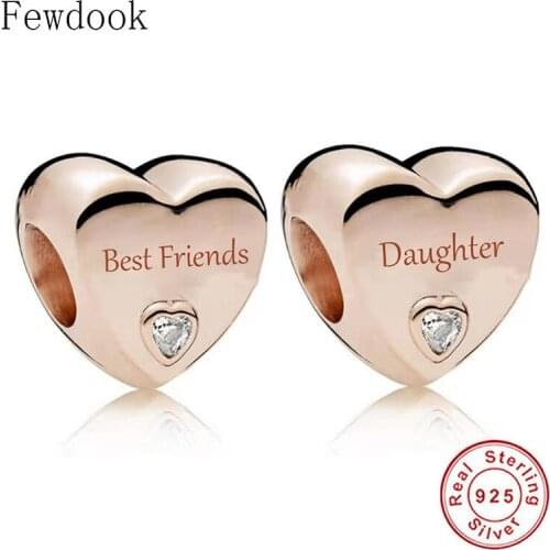 925 Sterling Silver Rose Gold Best Friends Daughter Heart Bead Fit Original Brand Charm Bracelet Making Family Christmas Jewelry