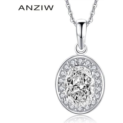 ANZIW 1.25 Carat Oval Cut Halo Pendant Necklace Simulated Diamond Engagement Wedding Sterling Silver Women Necklace Jewelry