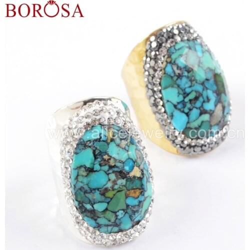 BOROSA 5PCS Gold Silver Plated Natural Turquoises Druzy Ring Crystal Rhinestone Pave Natural Blue Stone Rings Jewelry JAB943