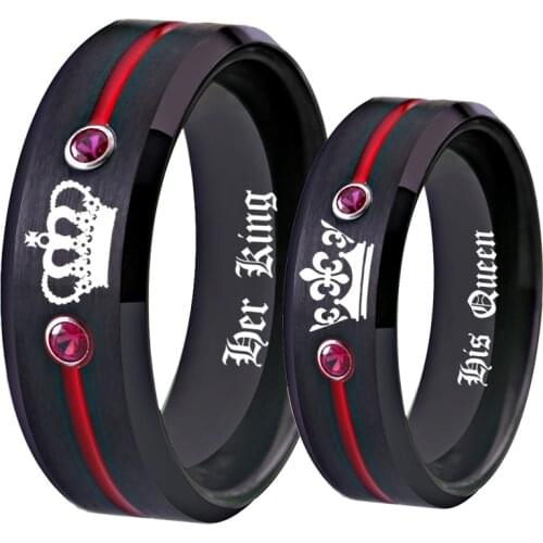 Tungsten Carbide Ring HIs Queen- Her King Ring Black Tungsten With Red CZ Women Ring for Wedding Anniversary Gift Drop Ship