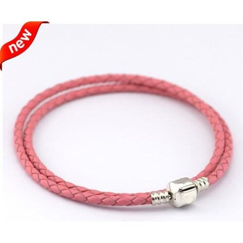 Pink Leather Bracelets 100% 925 Authentic Sterling Silver Fine Jewelry Free Shipping