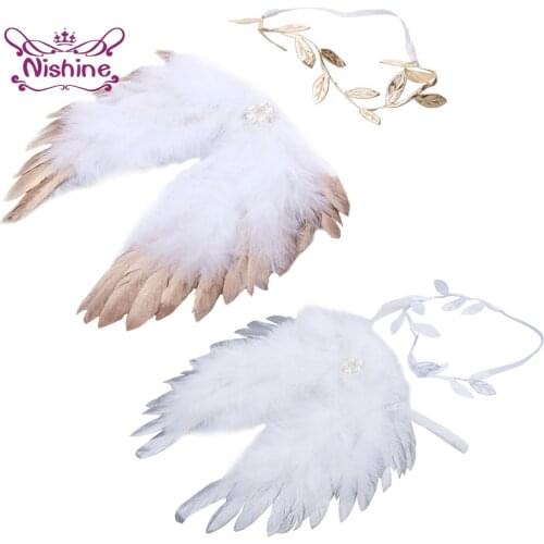 Nishine Golden Silver Angel Feather Wings with Leaves Headband Baby Girls Birthday Gifts Photography Props Newborn Accessories