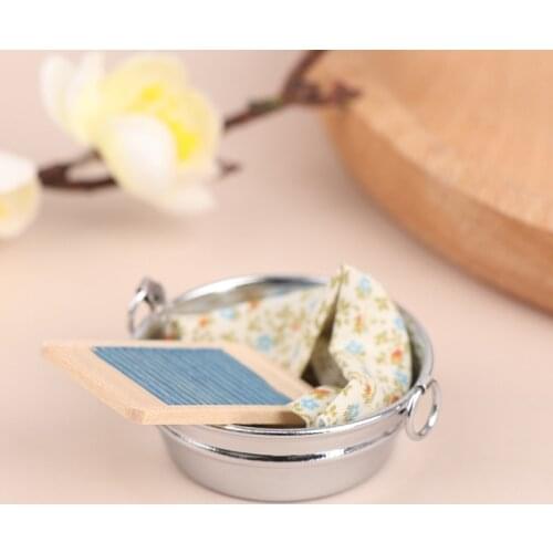 Hot！3Pcs/Set Dollhouse Miniature Old Time Laundry Tub with Wooden Washboard Towel Set Furniture Toys